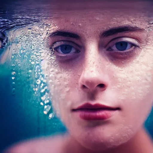 Image similar to portrait of a beautiful girl + kaya scodelario, floating under the deep dream water, beautiful smooth soft light + white petal, by personal photography, art by brookskim, closeup, 4 k, highly detailed, instagram,