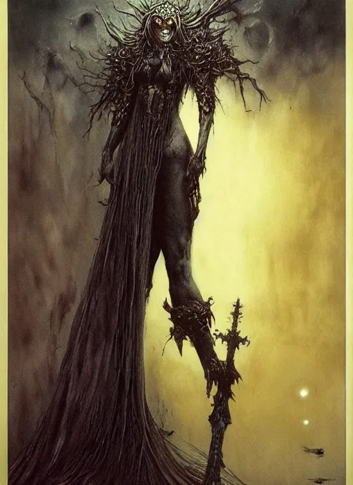 Image similar to majestic dark necromancer queen by Beksinski and Luis Royo