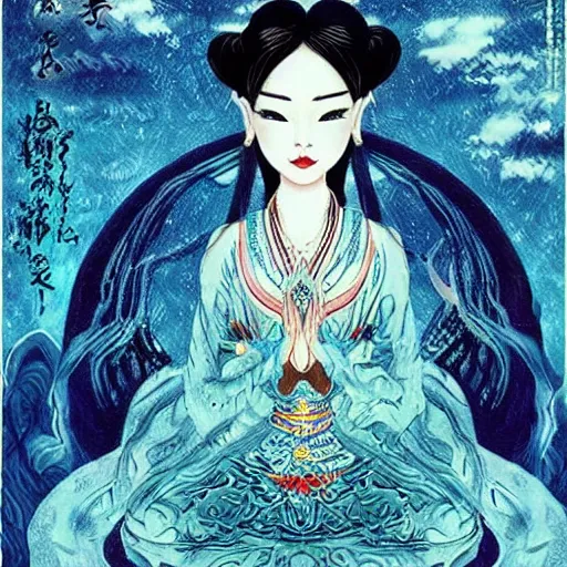 Image similar to “a beautiful singular river goddess blessing with magical dark fantasy power blueish in hue”