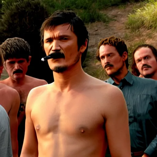 Prompt: Shirtless Pedro Pascal standing on a movie set with a cigarette in his mouth with actors standing and sitting behind him. Photorealistic, 4k, impressive