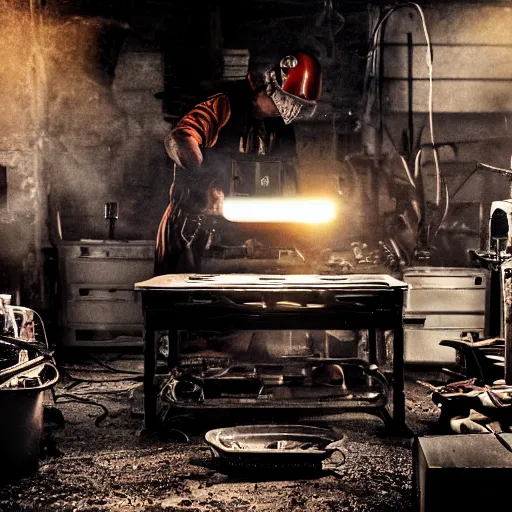 Prompt: cyborg toaster oven repairman, dark messy smoke - filled cluttered workshop, dark, dramatic lighting, orange tint, sparks, plasma rays, cinematic, highly detailed, sci - fi, futuristic, movie still