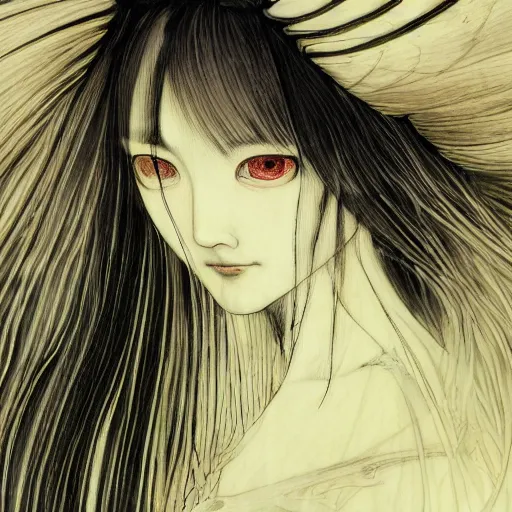 Image similar to yoshitaka amano blurred and dreamy realistic illustration of a japanese young woman with black eyes, wavy white hair fluttering in the wind wearing elden ring armor with engraving, abstract patterns in the background, satoshi kon anime, noisy film grain effect, highly detailed, renaissance oil painting, weird portrait angle, blurred lost edges, three quarter view