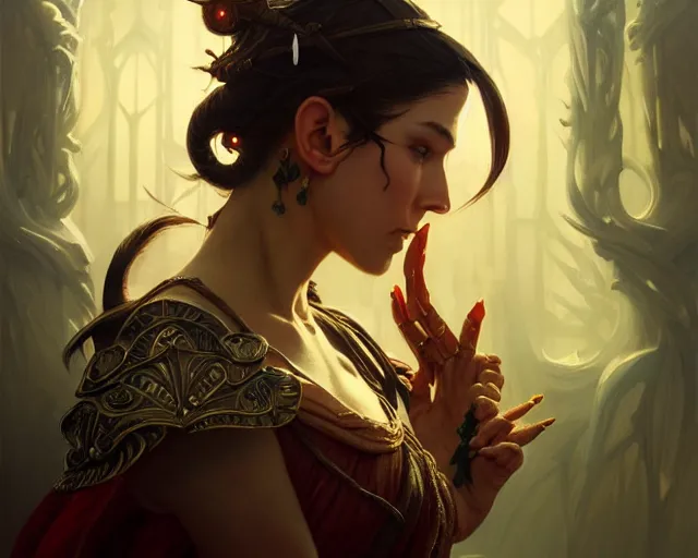 Image similar to twin daggers, deep focus, d & d, fantasy, intricate, elegant, highly detailed, digital painting, artstation, concept art, matte, sharp focus, illustration, hearthstone, art by artgerm and greg rutkowski and alphonse mucha