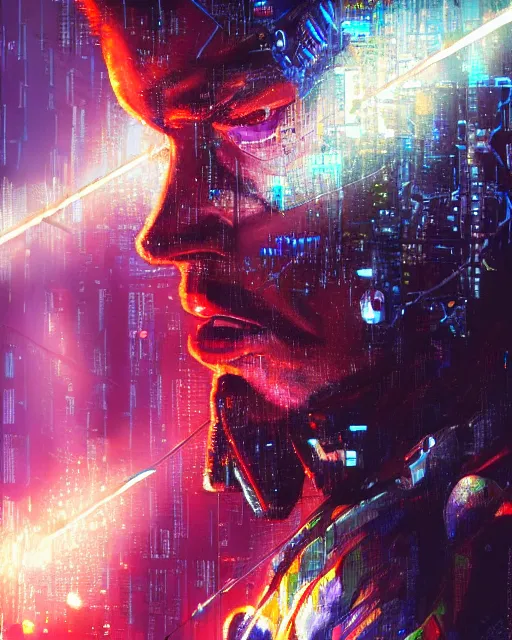 Image similar to a cyberpunk close up portrait of cyborg zeus, electricity, sparks, bokeh, soft focus, sparkling, glisten, water drops, cold, dark, geometric, temples behind, by paul lehr, jesper ejsing