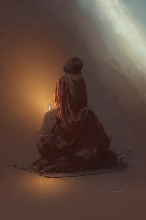 Image similar to lonely wanderer sitting at lap praying in desert, lit by the light of gods, abandoned by gods, hyperdetailed artstation cgsociety by greg rutkowski and by Gustave Dore