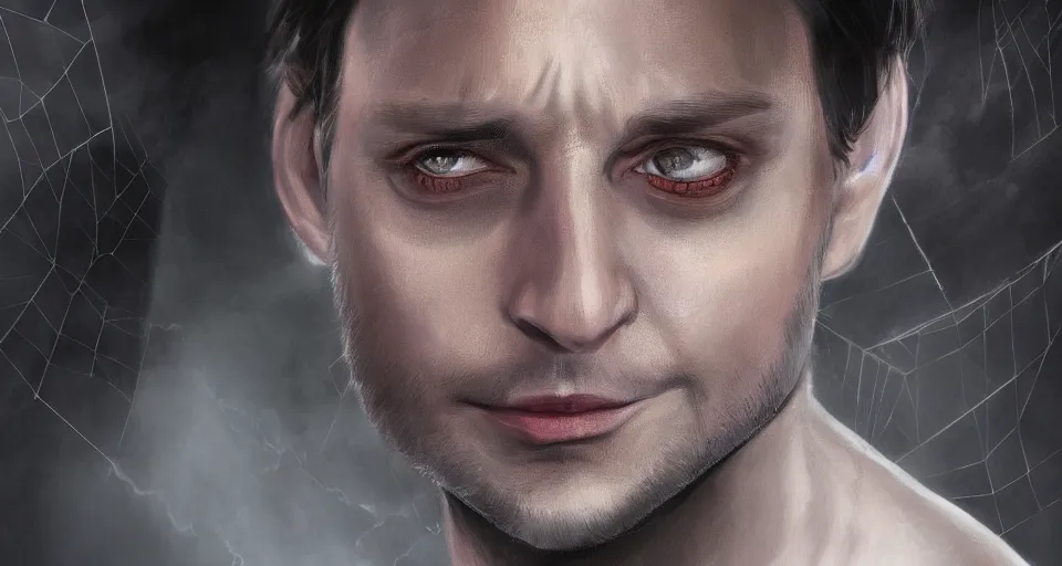 Prompt: portrait of Tobey Maguire as Arachne. Digital art, fantasy, epic, dramatic, volumetric lighting, trending on artstation, detailed, 8k