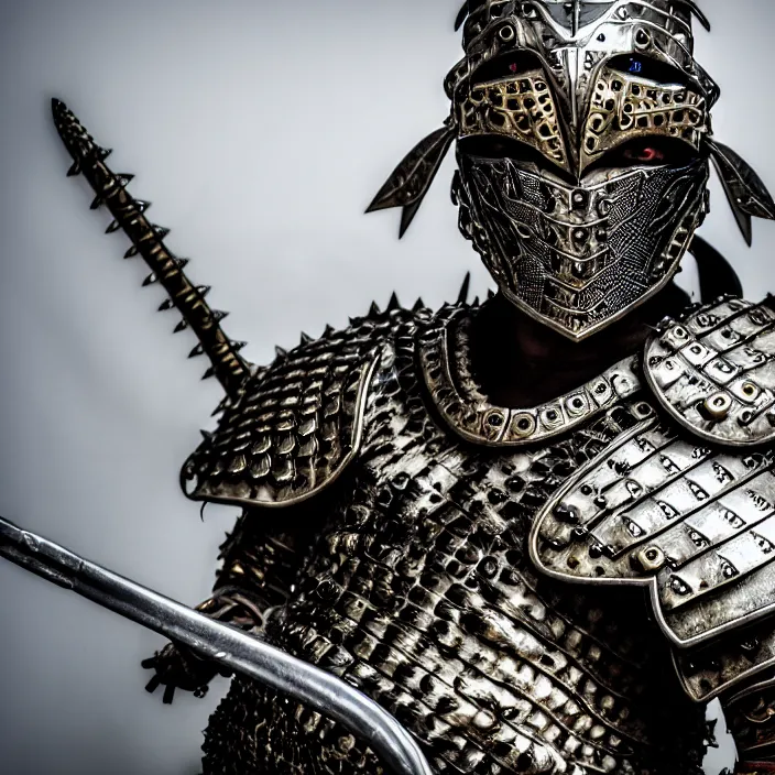 Image similar to photo of a warrior with metal crocodile themed armour, highly detailed, 4 k, hdr, smooth, sharp focus, high resolution, award - winning photo