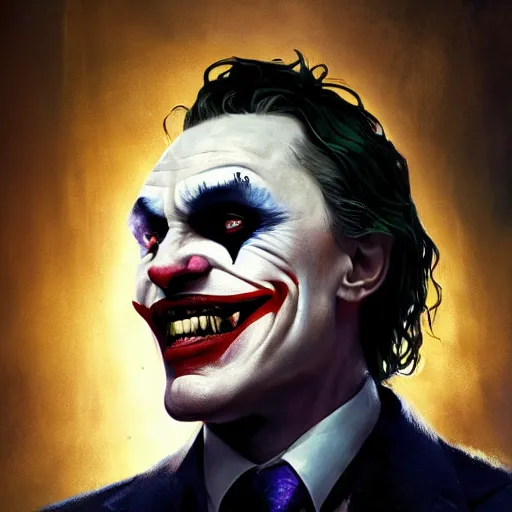Prompt: Portrait of vladimir putin as the Joker from the DC comic, amazing splashscreen artwork, splash art, head slightly tilted, natural light, elegant, intricate, fantasy, atmospheric lighting, cinematic, matte painting, by Greg rutkowski