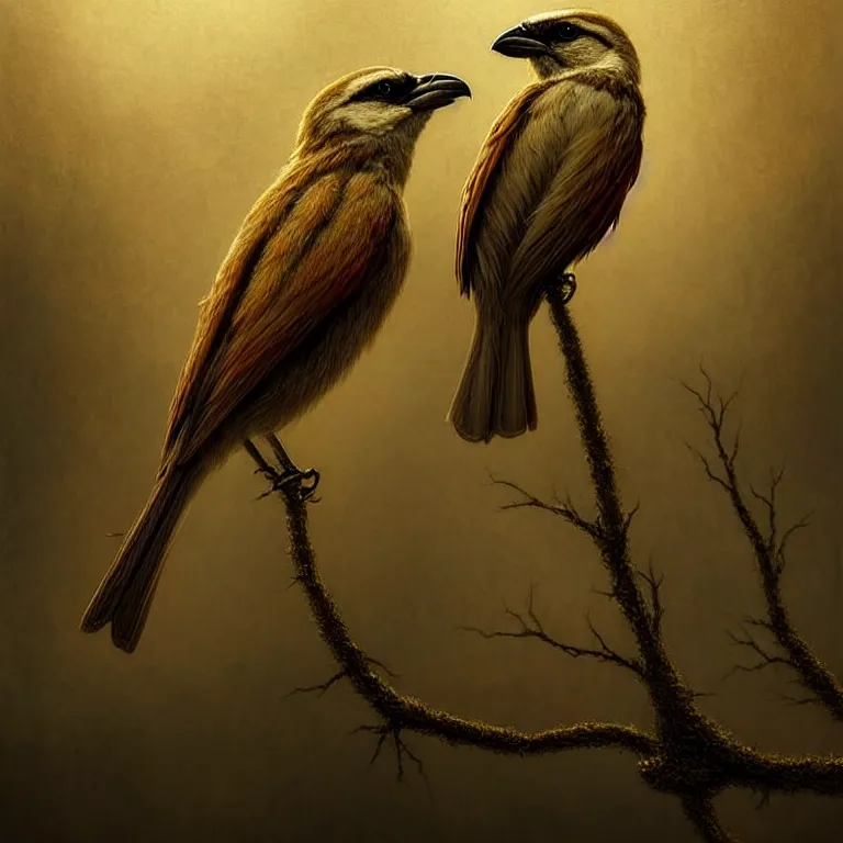 Image similar to epic professional digital art of startling thorned shrike, faint golden moody atmospheric lighting, painted, intricate, detailed, detailed, foreboding, by leesha hannigan, wayne haag, reyna rochin, ignacio fernandez rios, mark ryden, iris van herpen,, epic, stunning, gorgeous, much wow, cinematic, masterpiece.