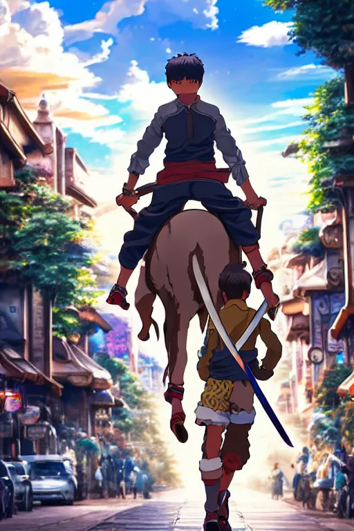 Image similar to ultra detailed keyart of sci - fy movie, a boy carrying a sword in his back is riding a simple bycycle in the main street of isekai shinjuku