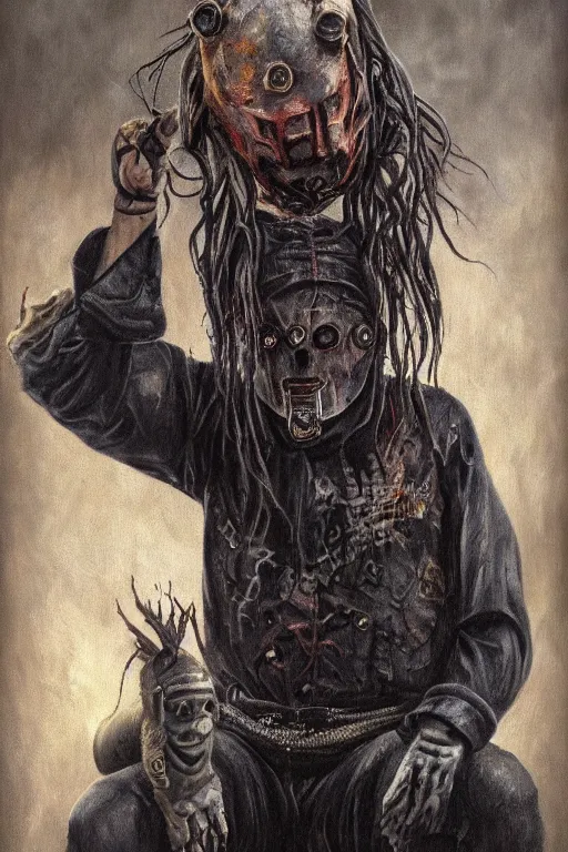 Image similar to a full body high detail fantasy portrait oil painting illustration of slipknot band by justin sweet with face and body clearly visible, in a scenic background, insane, realistic proportions, d & d, rpg, forgotten realms, artstation trending, high quality, sombre mood, artstation trending, muted colours, entire person visible!