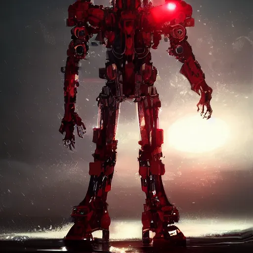 Image similar to bipedal mech standing in water red and white accents volumetric light intricate complex machine ultra detailed sharp focus coherent artstation