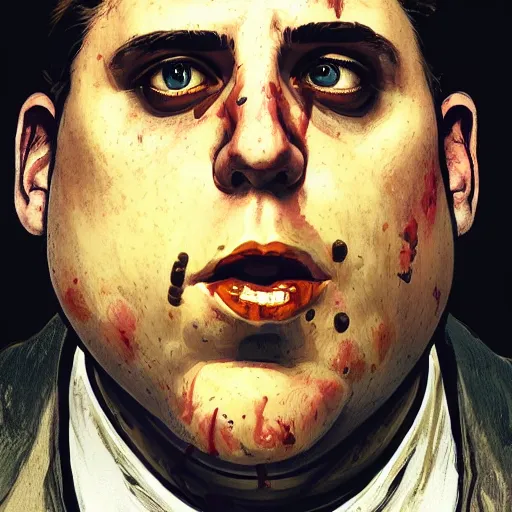 Prompt: a close-up of Jonah Hill as a zombie, dramatic backlighting, golden hour, kodachrome, high contrast, highly detailed, sharp focus, digital painting, concept art, illustration, trending on artstation, art by greg rutkowski + greg hildebrandt + alphonse mucha