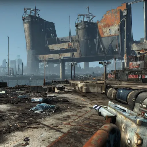 Image similar to rotterdam harbor in ruins post - nuclear war in fallout 4, in game screenshot