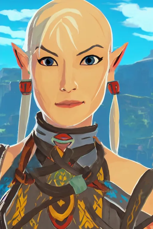 Image similar to an in game portrait of impa from the legend of zelda breath of the wild, breath of the wild art style.