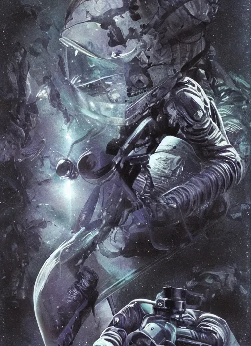 Image similar to astronauts in the dark infinite underwater void - complex and detailed suit. reflection and dispersion materials. contour lighting. rays and dispersion of light. volumetric light. 5 0 mm, f / 3 2. noise film photo. flash photography. ultra realistic, wide angle. poster by wayne barlowe, hajime sorayama aaron horkey, craig mullins