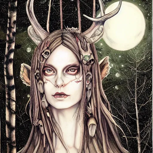 Image similar to an epic horrific wiccan gothic painting of a mother - nature witch cult woman wearing a deer skull, in a moonlit forest by gerald brom by junji ito by vanessa lemen by charlie bowater