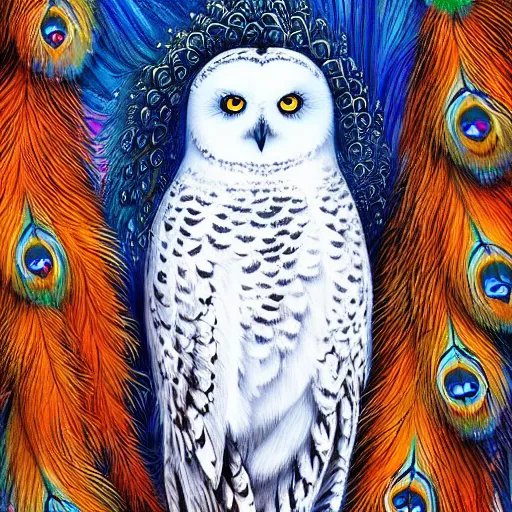 Prompt: beautiful white snowy owl with long flowing tail of peacock feathers detailed painting in the style of josephine wall 4 k