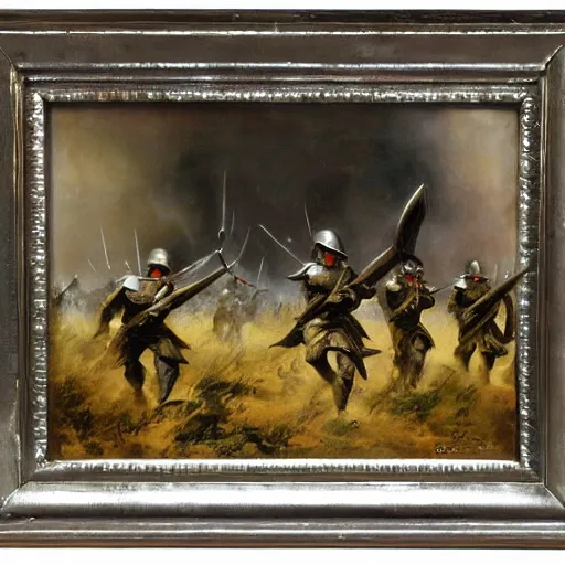 Image similar to oil painting of a ground covered in medieval silver soldier corpses, war, storm dawn, by Frank Frazetta, by Georgia O Keeffe