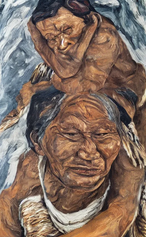 Image similar to full body shot picture of indigenous people leader leaning on a bear, painted by lucian freud, hd, super detailed, realistic, muted colors