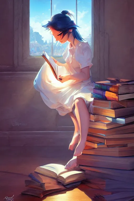 Image similar to a girl reading a book, fanart, by concept artist gervasio canda, behance hd by jesper ejsing, by rhads kuvshinov, rossdraws global illumination radiating a glowing aura global illumination ray tracing hdr render in unreal engine 5, tri - x pan stock, by richard avedon