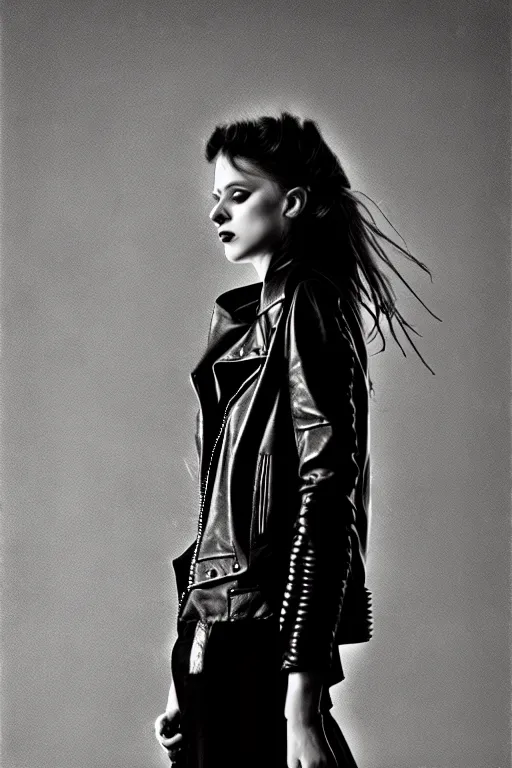 Prompt: dreamy rock girl, black leather jacket, detailed acrylic, grunge, perfect lighting. professional design. great composition, illustration by alberto giacometti, peter lindbergh, 8 k