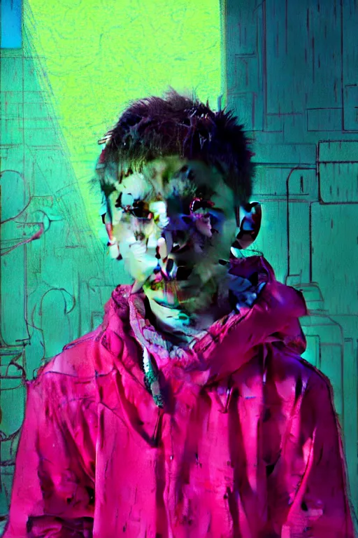 Image similar to portrait of a young boy nor living not death in a postapoliptic forgotten world, in the colors hot pink and cyan, beautiful face, rule of thirds, complex outfit, spotlight, octane render, dramtic lit, by greg rutkowski, by jeremy mann, by francoise nielly, by van gogh, digital painting