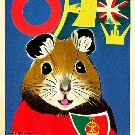 Image similar to yugoslav propaganda poster, a hamster, there is a yugoslav flag waving in the background.