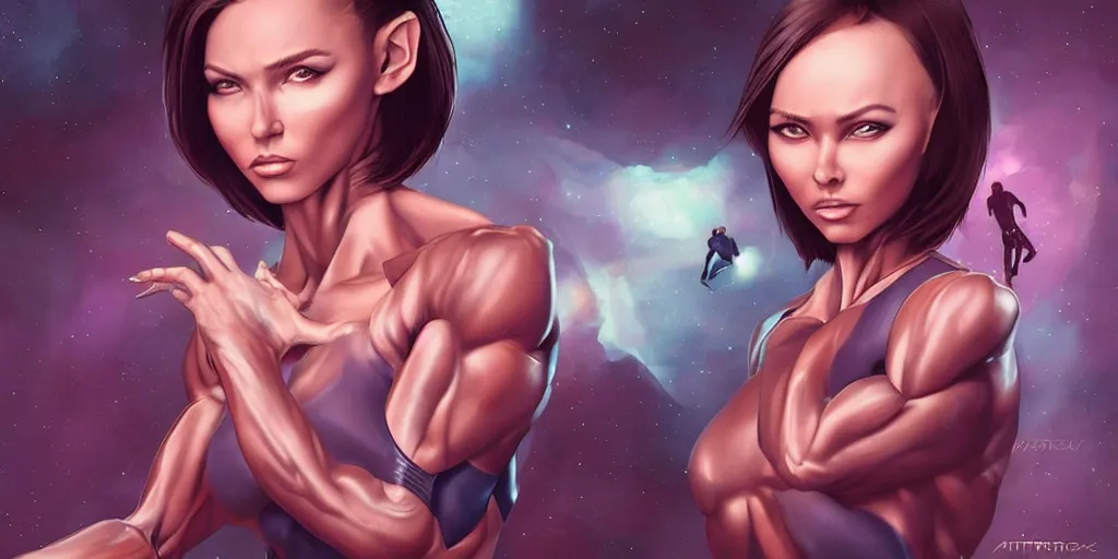 Image similar to beautiful muscular alien fitness model with 4 arms, sci - fi, portrait, digital painting, retro futurism, anatomically correct, by artgerm, ross trand and ilya kuvshinov