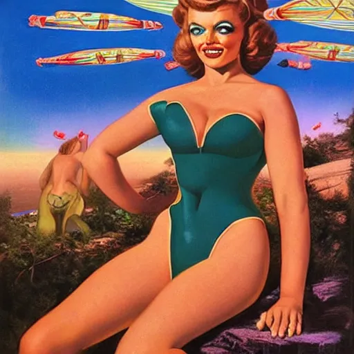 Prompt: Intergalactic Beauty Pageant with extraterrestrial alien females in swimsuits by Mort Kunstler and Gil Elvgren