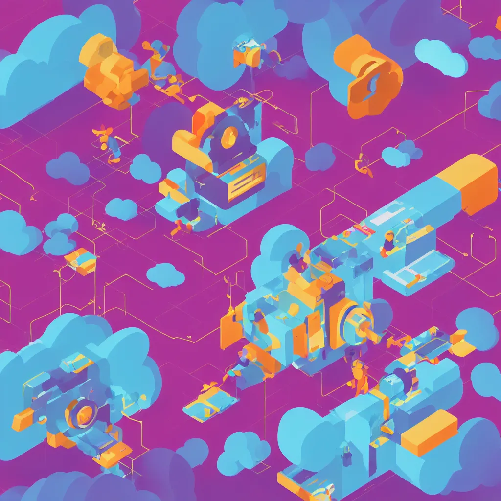 Image similar to a simple micro-service deployed to a public cloud, security, attack vector, trending on Artstation, painting by Jules Julien, Leslie David and Lisa Frank, muted colors with minimalism