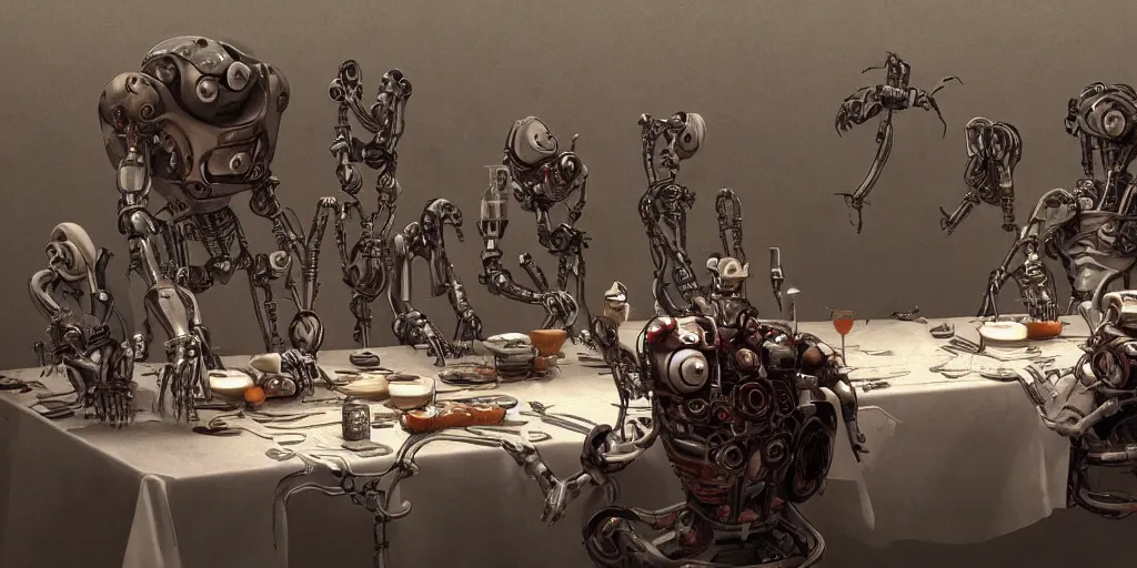 Prompt: last supper realistic robot , A Monster Emerges - inspired by 'The Beholder' Concept by Marcus Whinney trending on artstation