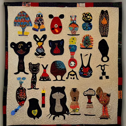 Prompt: folk art quilt with a rodent theme, museum of modern art, new york