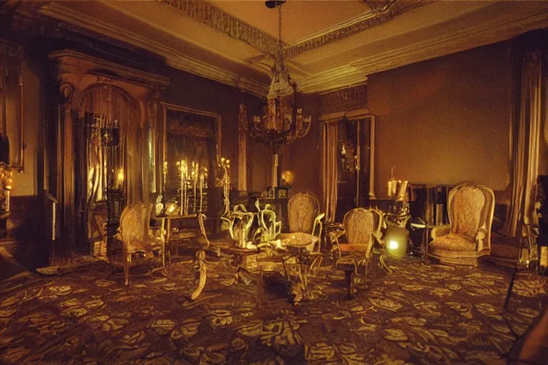 Image similar to full - color 1 9 9 0 s photo of the interior of a spooky elegant mansion at night. the interior architecture and layout are illogical, surreal, bizarre, complicated, and labyrinthine. there is a faintly - visible victorian ghost lurking. highly - detailed high - resolution photography.