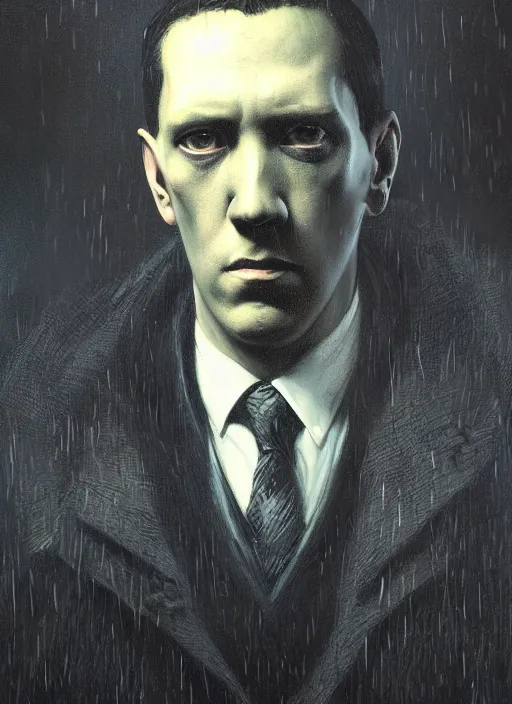 Image similar to highly detailed portrait of h p lovecraft by greg rutkowski, mike mignola, tom bagshaw artgerm and ross tran, beautiful dramatic dark moody lighting, volumetric, cinematic atmosphere, photorealism, glossy magazine painting, global illumination, deep color, 8 k resolution, high details, flickr, dslr, zbrushcentral, cgsociety, artstation