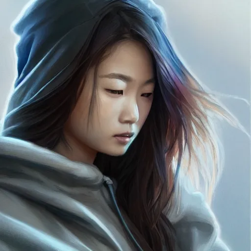 Prompt: asian lightning goddess, lifelike, portrait, wearing a hoodie and modern clothing, looking at viewer, highly detailed, digital painting, artstation, concept art, sharp focus, illustration, cinematic lighting, art by artgerm and greg rutkowski and alphonse mucha