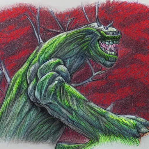 Prompt: a High quality color pencil sketch of a monster designed to camouflage in the trees, hyperrealistic