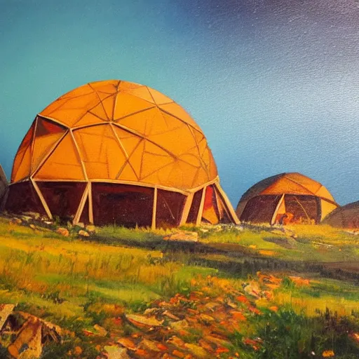 Image similar to several dreamy geodesic domes in a beautiful alpine environment at sunset, expressive oil painting