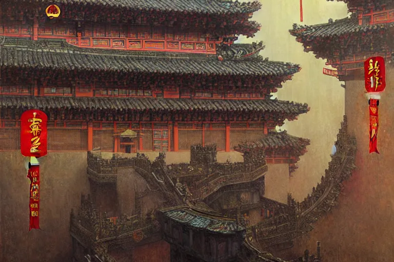 Prompt: cyberpunk chinese ancient castle, fantasy, painting by Gustav Klimt, greg rutkowski and alphonse mucha