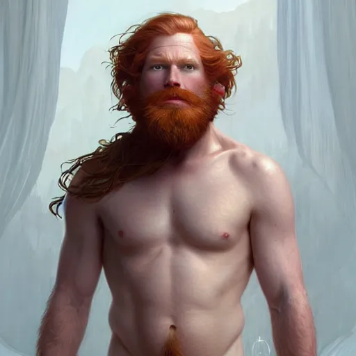 Prompt: beautiful natural middle aged bearded and very hairy male ginger god wearing only a white perizoma loincloth, intricate, elegant, highly detailed, digital painting, artstation, concept art, smooth art, sharp focus, illustration, art by artgerm and greg rutkowski and alphonse mucha and loish and WLOP