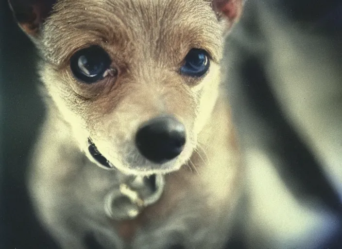 Image similar to a extreme close - up photo, color studio photographic portrait of a little dog bird hybrid, dramatic backlighting, 1 9 7 3 polaroid photo from life magazine,