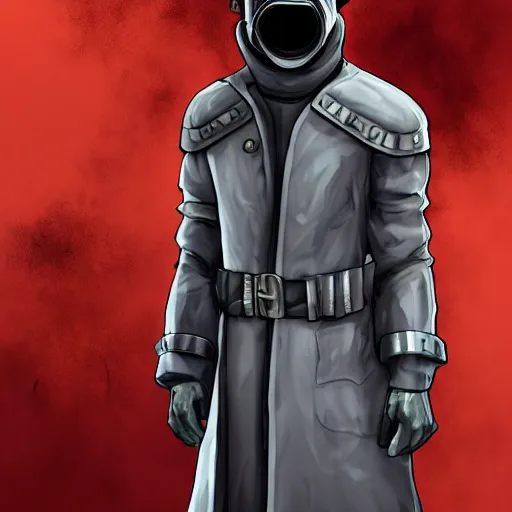 Image similar to extremely musuclar gothic firefighter detective in a dark armored trenchcoat tucked into his pants, futuristik knight, with grey skin in a long coat undead grey cloaked, sharply dressed, gas mask, bald, red sleeves, dark undershirt, belts, high boots, highly detailed, artstation