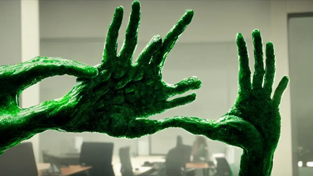Image similar to the strange giant creature hand in the office, made of Chlorophyll and water, film still from the movie directed by Denis Villeneuve with art direction by Salvador Dalí