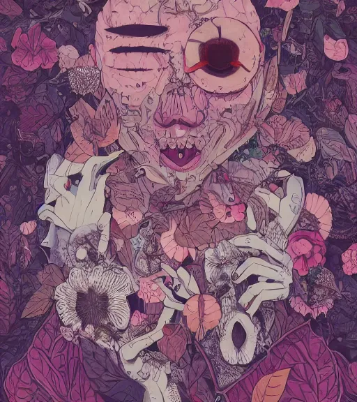 Prompt: portrait, nightmare anomalies, leaves with a flower by miyazaki, violet and pink and white palette, illustration, kenneth blom, mental alchemy, james jean, pablo amaringo, naudline pierre, contemporary art, hyper detailed