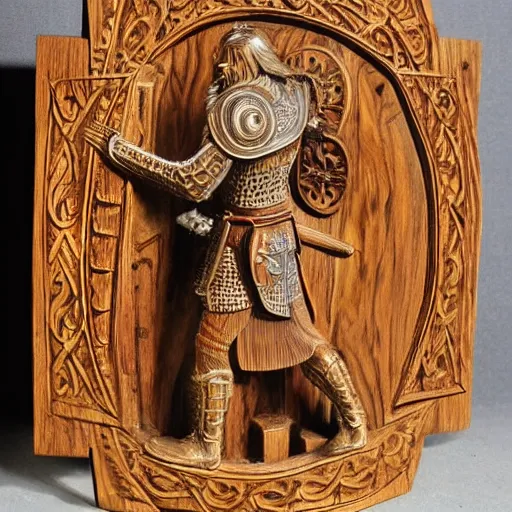 Image similar to Anglo-Saxon warrior, intricate wood carving, colour stained, rich woodgrain, lacquer finish