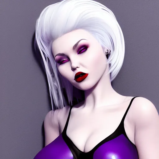 Image similar to curvy feminine goth young woman with dignified tight nylon dress, white hair, red lipstick, purple makeup, relaxed posture, photorealistic, cgsociety, sublime, 16k, smooth, sharp focus, ArtStation, hyperdetailed, volumetric lighting