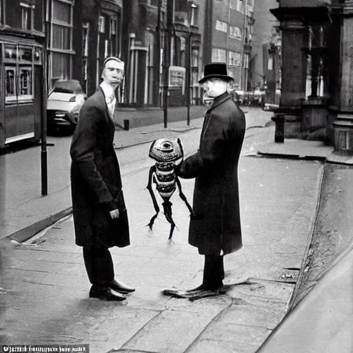 Image similar to giant spiders wearing suits on the streets of london, 1930s photograph