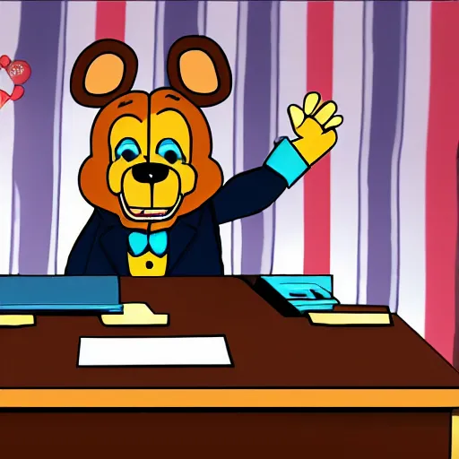 Image similar to Freddy Fazbear running for president, sitting at the presidents desk