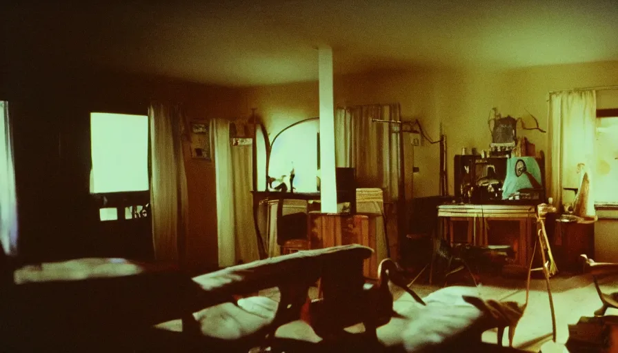 Image similar to 7 0 s film still from a horror movie about an exorcism in an old living room, kodachrome, cinecolor, cinestill, photorealism, cinematic, film grain, film texture, vhs recording