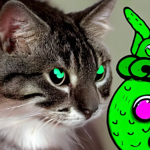 Prompt: photo of a cute green creature with a cat face and a caterpillar body